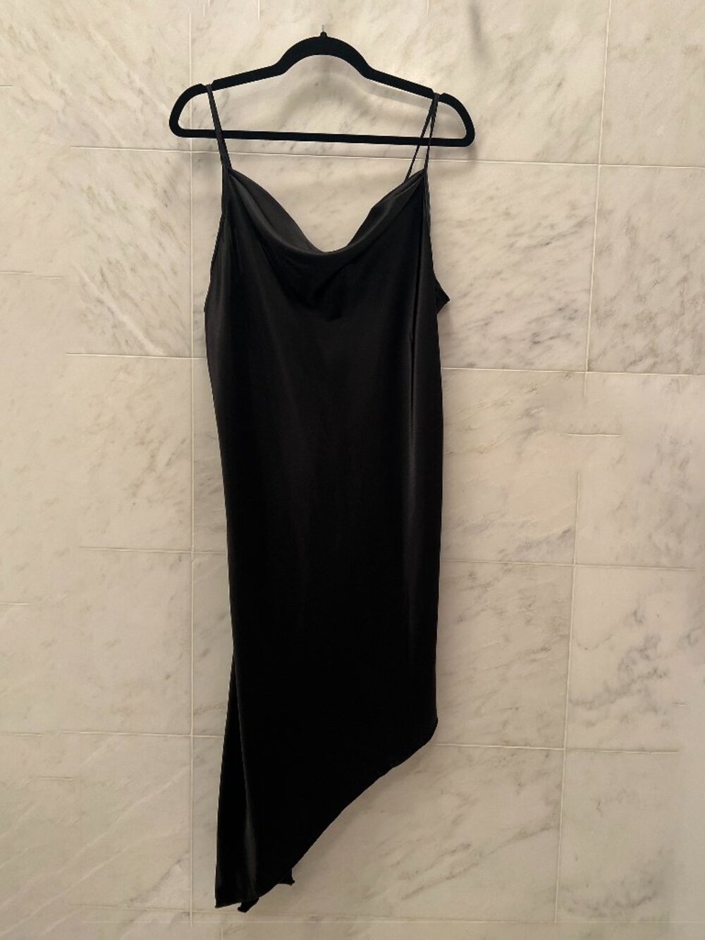 Bebe Satin Cowl-Neck Asymmetrical Hem Slip Dress, Black, XL